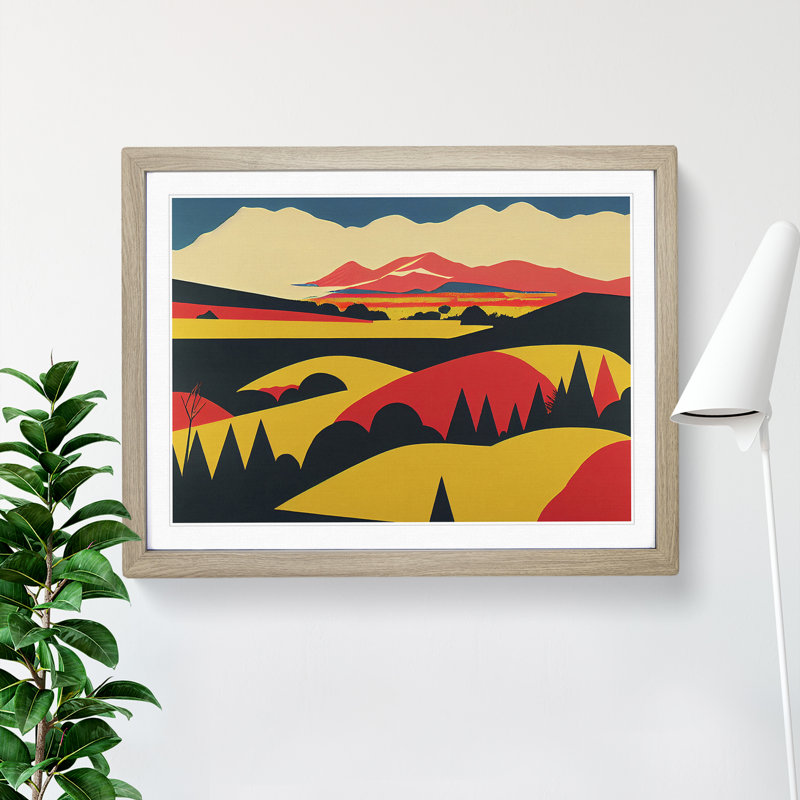 Pop Meadow Landscape - Framed Print, 25cm H x 34cm W x 2cm D, Oak