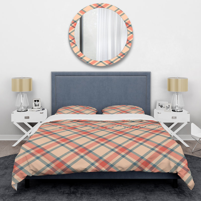 Tartan à carreaux pêche et bleu - Ensemble de housse de couette abstrait - Microfibre de polyester