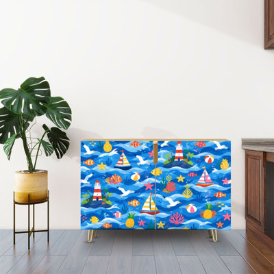 Sideboard Buffet Cabinet with Storage Whimsical Seaside Adventure Sailboats Seagulls Lighthouse with 2 Doors for Living Room and Kitchen