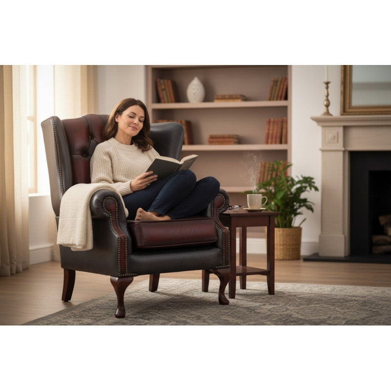 1 Seater Genuine Leather Loveseat, Red/Grey, Walnut