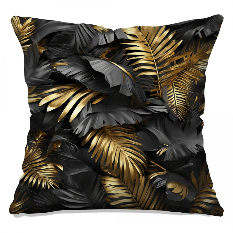 Coussins décoratifs à double face en feuilles de palmier noir et or, 16 x 16 pouces