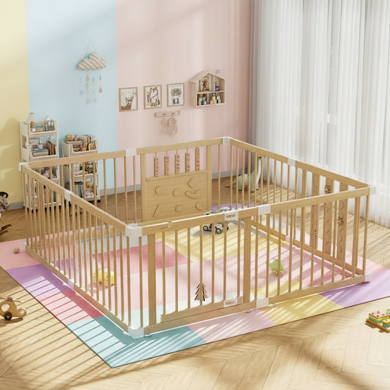 Parc pour bébé en bois de pin naturel, très grand parc pour bébés et tout-petits de 64 po x 64 po, centre de jeu intérieur pour enfants, clôture en bois naturel portable
