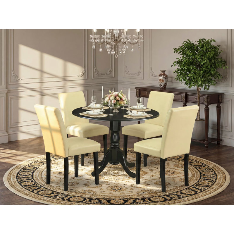 L'ensemble de table de salle à manger 5 pièces pour 4 personnes comprend une table de cuisine ronde avec Dropleaf et 4 chaises rembourrées en similicuir de lait de poule, 42 po x 42 po, noir