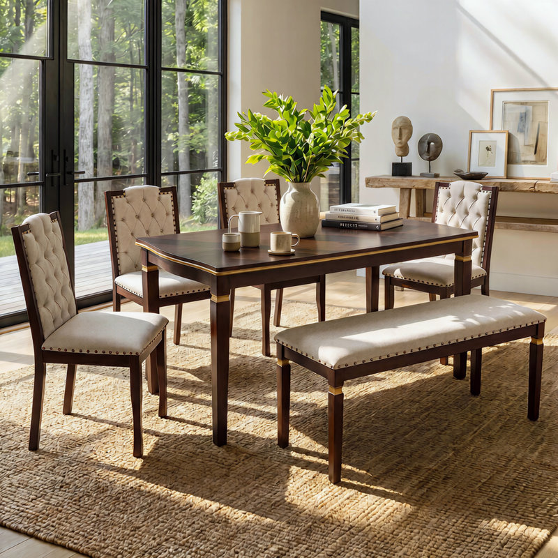 Kitchen Dining Table Set, " Rectangular Table And  High-Back Tufted Chairs &  Bench, Espresso