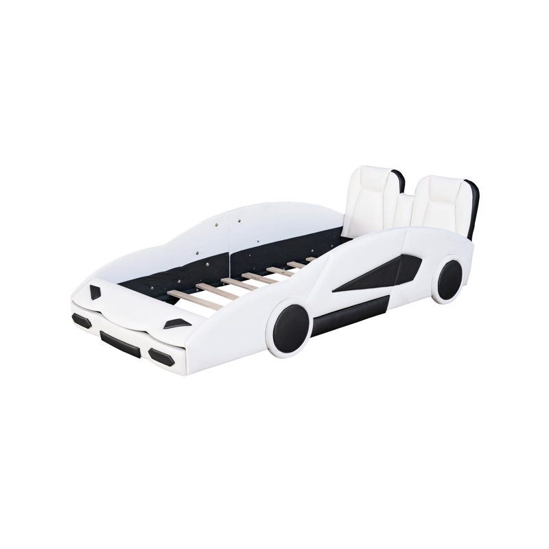 White Twin Bed With Race Car-shaped Construction And Movable Wheels - Functional Bedroom Feature Car Platform Stylish