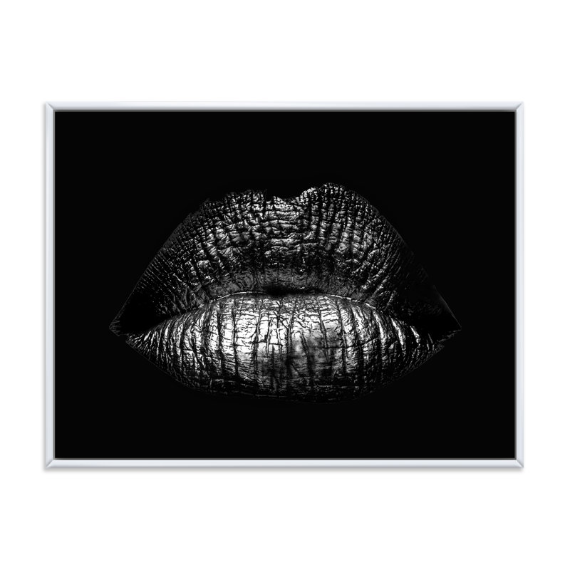 Lèvres féminines sexy dorées - photographie sur toile, Cadre flottant blanc, H 24 po x l 32 po x P 1 po
