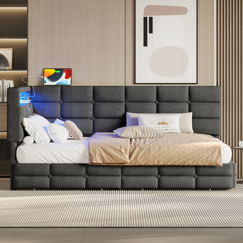 Upholstered Daybed with Dual Storage Drawers and Storage Headboard, Gray