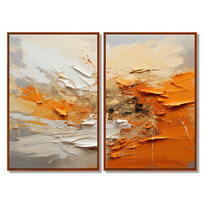 Orange And Beige Echoes Of Modern Shapes - Abstract Painting Framed Prints, Orange Abstract Canvas Wall Art Set Of 2