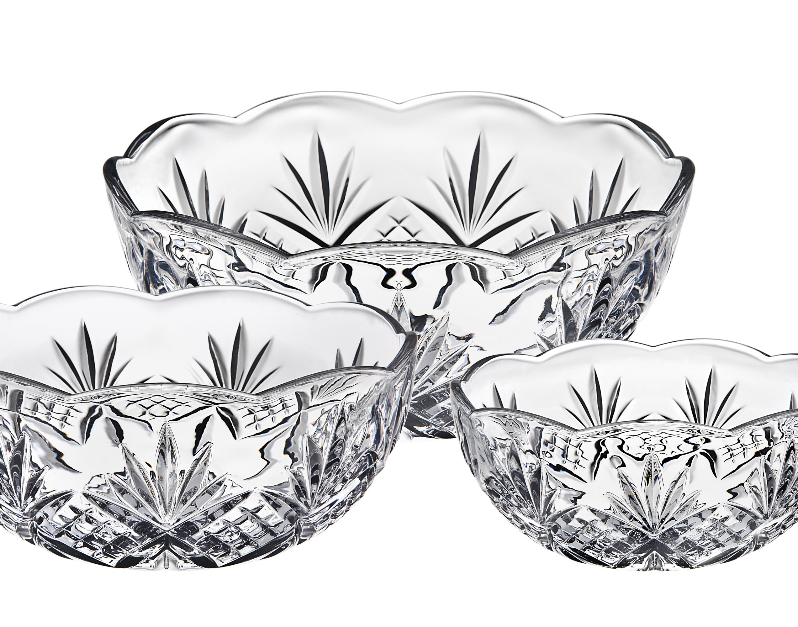 Dublin Crystal 3 Piece Scalloped Serving Bowl Set