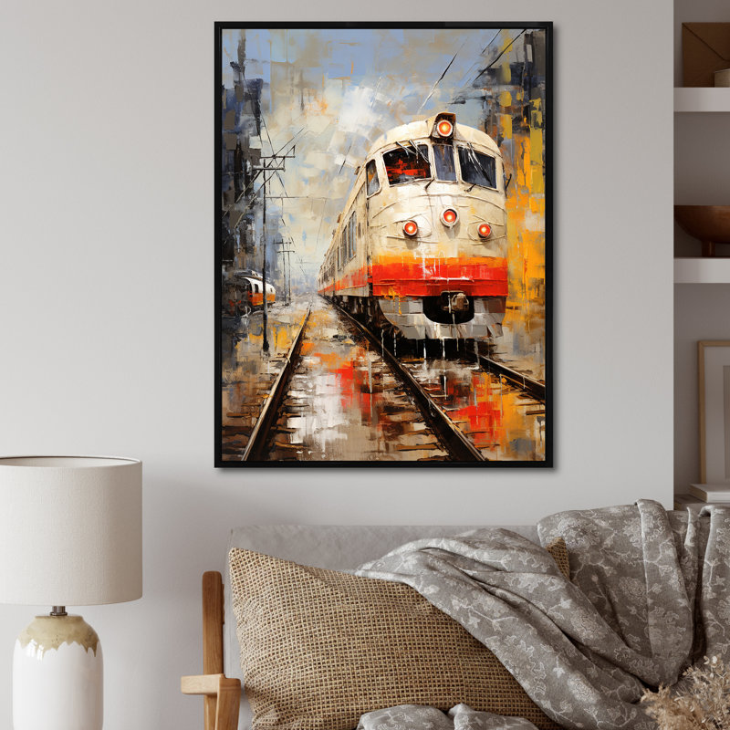 «White Red Train Journey», reproduction d'art sur toile moderne, H 44 po x l 34 po x P 1,5 po, Cadre flottant noir