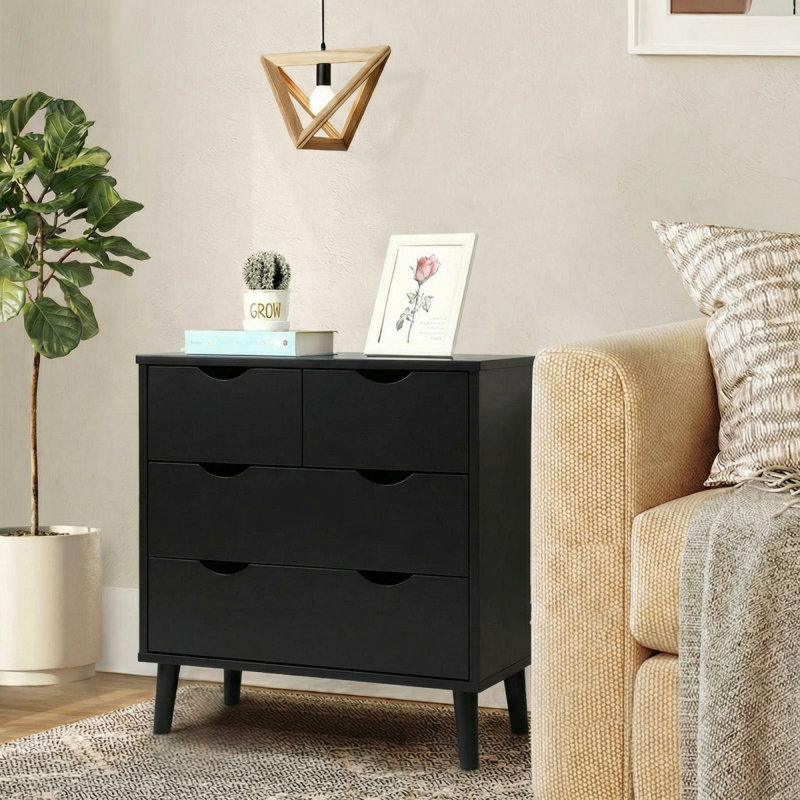 24.4''h Modern Nightstand With 4 Storage Drawers And Solid Wood Legs - Black, Black