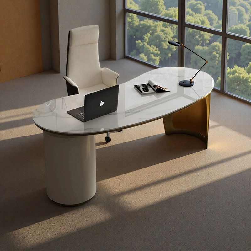 Bureau d'ordinateur simple et moderne, H 28,74 po x l 55,12 po x P 27,56 po, Blanc / Doré