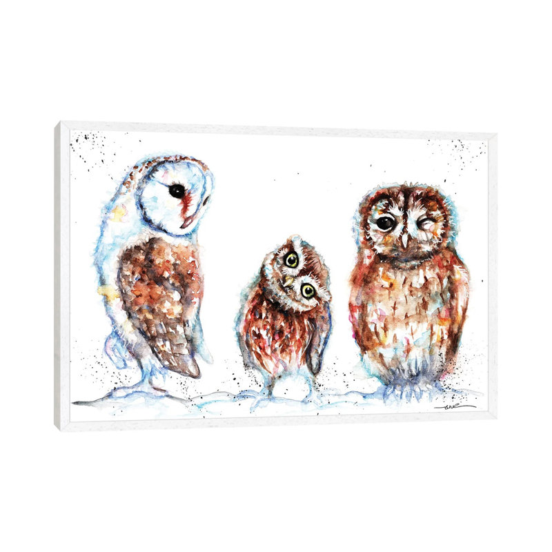 Trio Of Owls - Painting on Canvas, 45.72cm H x 66.04cm W x 3.81cm D, White Framed