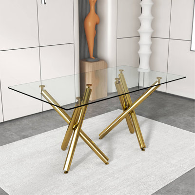 Grande table de salle à manger rectangulaire moderne en verre pour 6 à 8 personnes avec plateau en verre trempé de 0,39 po et pieds en métal doré, salle à manger, salon, salle de banquet, 71 po x 35,4 po x 30 po