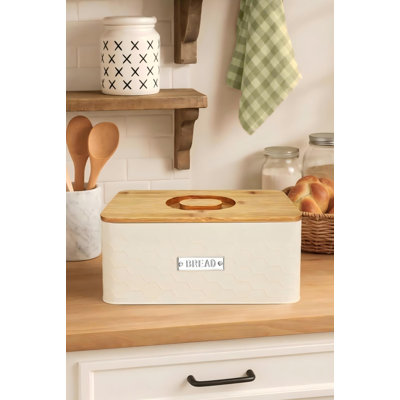 Bread Box for Countertop,Large Metal Bread Bin with Bamboo Cutting Board Lid, Farmhouse Bread Storage Container(Cream)