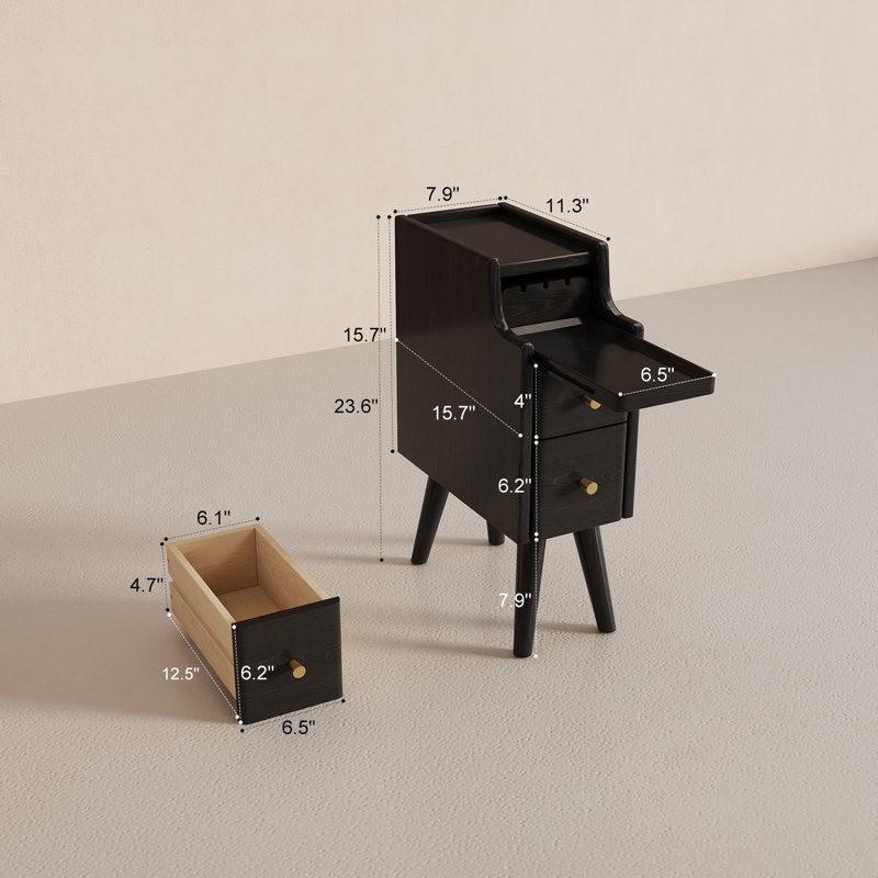 Set Of 2 Narrow Solid Wood Nightstands With 2 Drawers Each, Black