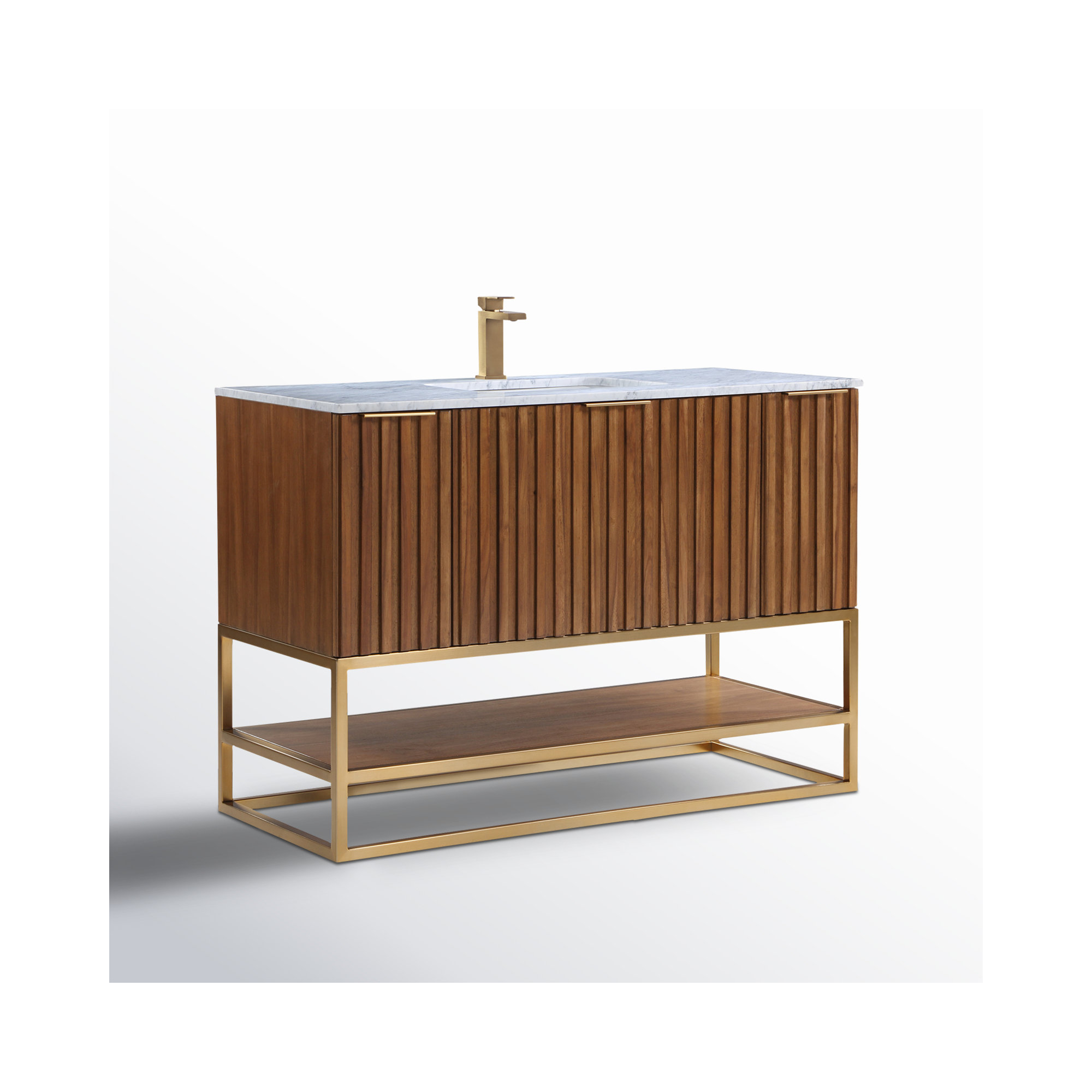 Terra 48'' Single Bathroom Vanity, Carrara Marble/Single Faucet Mount, Walnut, Satin Brass