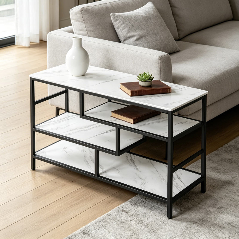 Console moderne avec tablettes de rangement et plateau en faux marbre, table d'entrée pour le salon et le couloir