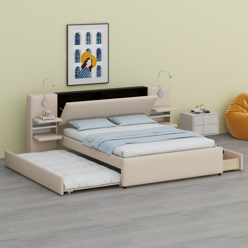 Lit plateforme tapissier avec lampes de lecture, Beige
