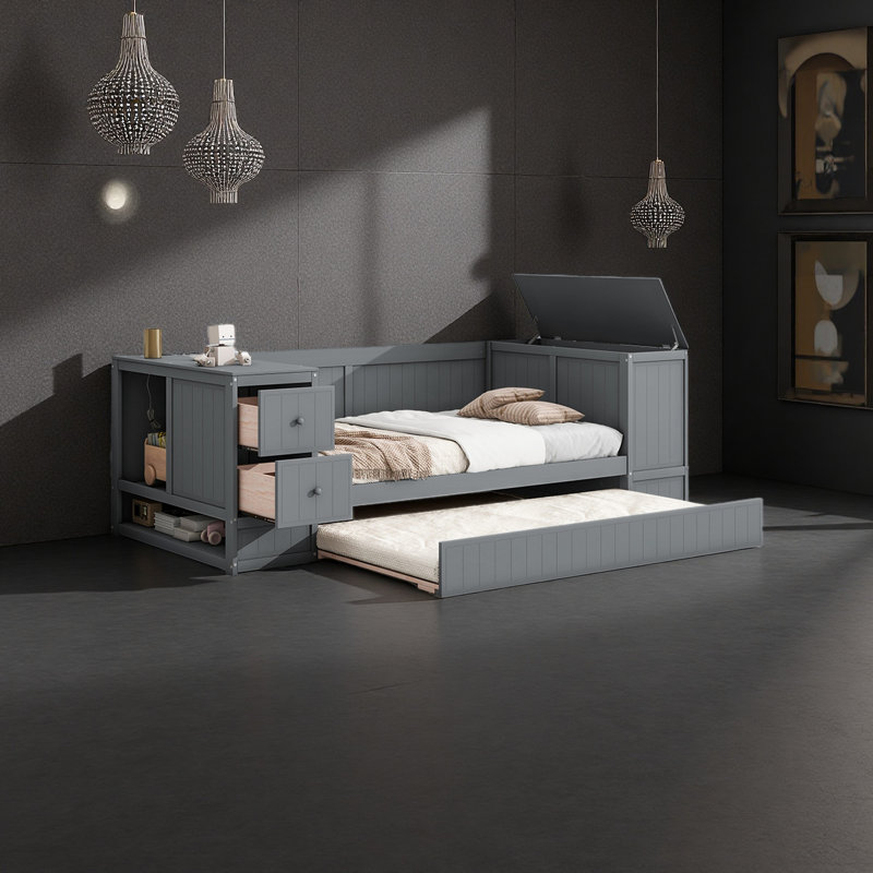 Lit de jour simple avec accoudoirs de rangement, Gris