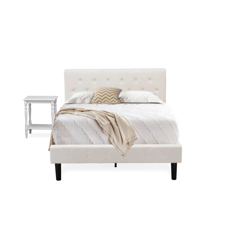 Ensemble de chambre à coucher 2 pièces - Structure de lit grand capitonné - Tête de lit tapissier en tissu de velours blanc lin et table de chevet au fini gris urbain
