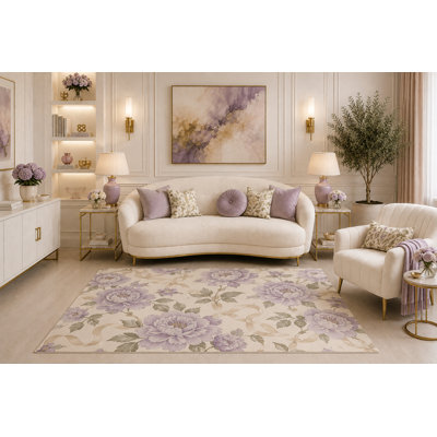 Tapis à motif de pivoines lavande 5 pi x 7 pi «Ultra Léger», tapis à motif d'arc rétro Cottagecore pour chambre de chambre à coucher, envers en silicone antidérapant