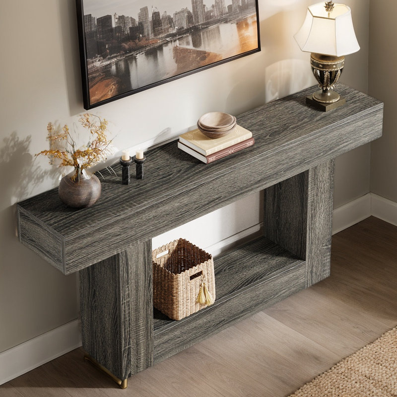 63" Farmhouse Console Table With 2-Tier Shelves, Entryway Table with U-Shaped Base, Narrow Long Sofa Table for Hallway, Foyer