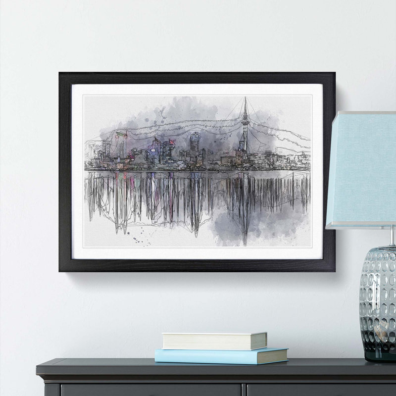 Reflections of the Auckland Skyline in Abstract - Picture Frame Graphic Art Print, 62cm H x 87cm W x 2cm D, Black Framed