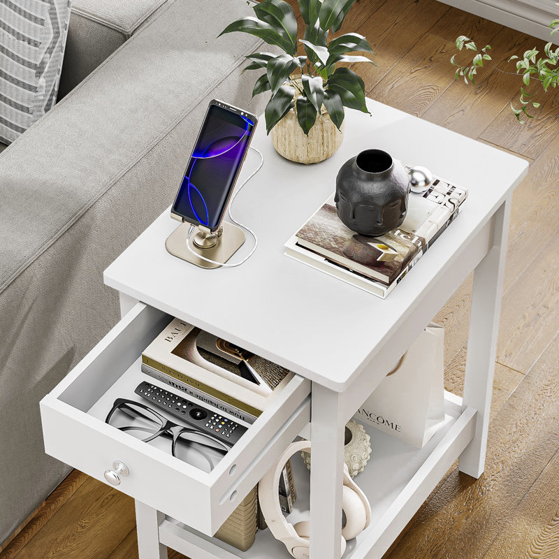 Issac 1-Drawer End Table with Open Shelf, White