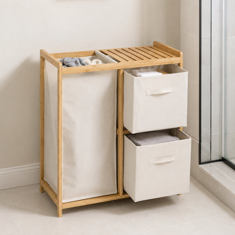 Bamboo Laundry Sorter with 1 Large Hamper & 2 Fabric Drawers, Multi-Functional Bathroom Storage Organizer