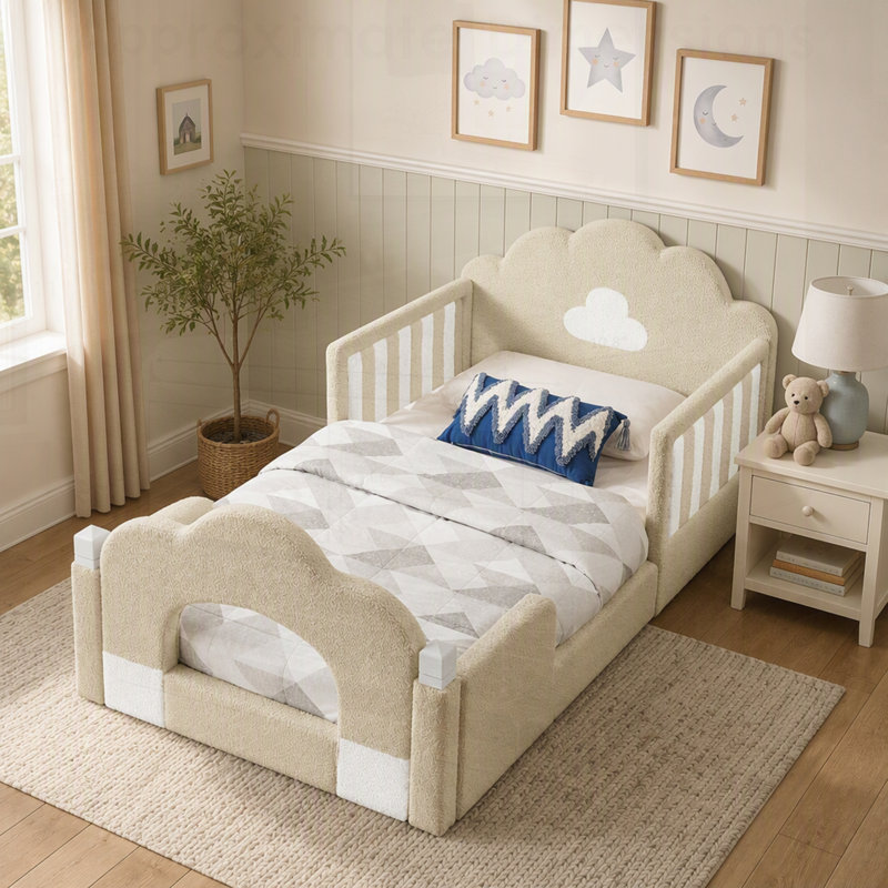 Lit robuste en bois massif avec barrière de sécurité, parfait pour le confort et la sécurité dans n'importe quelle chambre à coucher