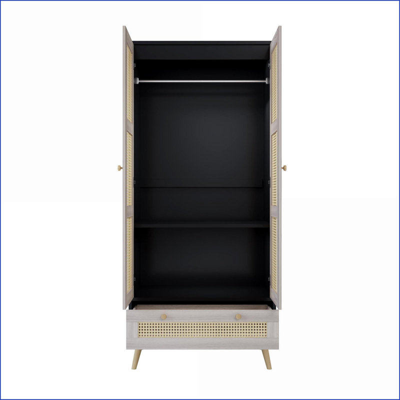 Commodes et amp; Garde-robe Boho de 70,8 po avec 2 portes en rotin, un tiroir et une tige de suspension | Naturel et noir | Panneau de particules