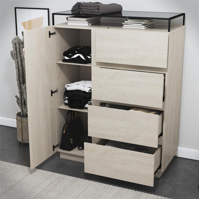 Tickhill 4-Drawer Dresser with Door, LED Lights and Glass Top, Eden Ash