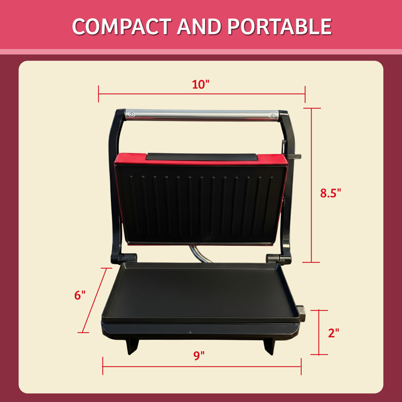 Panini Press - Machine à sandwich avec plaques antiadhésives - Barbecue de comptoir pour la cuisson des hamburgers, du steak, du fromage grillé et plus (rouge)