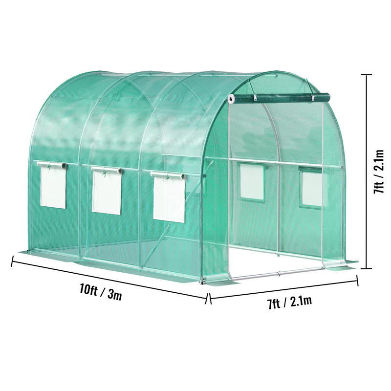 Walk-in Tunnel Greenhouse, 9.8 x 6.6 x 6.6 ft Portable Plant Hot House with Galvanized Steel Hoops, 1 Top Beam, Zippered Door & 6 Roll-up Windows, Diagonal Poles, Green