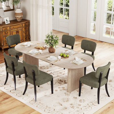 Ensemble de 3 tables de salle à manger extensibles ovales en panneau de fibres à densité moyenne blanc cassé ovales en bois massif 4/6, base à deux colonnes incurvées pour la salle à manger