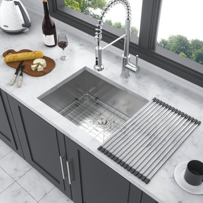 23 Inch Single Bowl Stainless Steel Undermount Kitchen Sink 18 Gauge 9 Deep, Bottom Grid, Sound Proof Padding, Easy Satin Finish With Sloped Drain Grooves, Design,