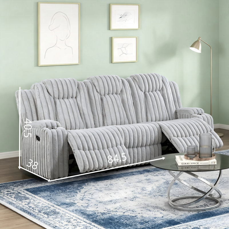 Ensemble de canapé en velours côtelé gris clair deux pièces avec dossiers réglables et console de rangement avec deux porte-gobelets