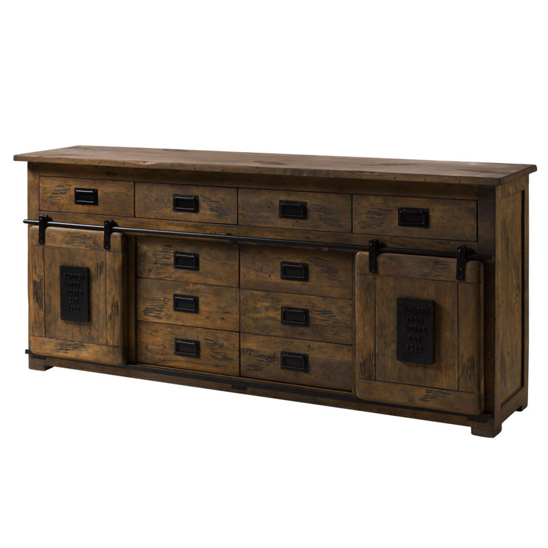 Railway 200cm Solid Wood Sideboard, Brown lacquered