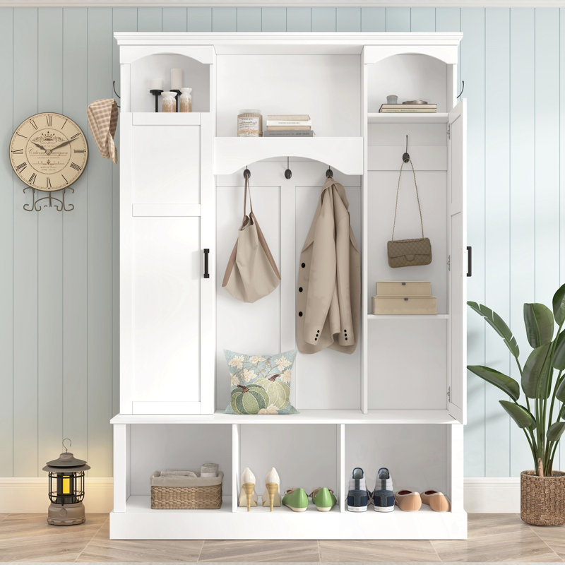 ON-TREND Modern All-in-One Hall Tree with Adjustable Shelves, Classic Arched Farmhouse Storage Bench with Dual Side Cabinets, Elegant Entryway Organizer with 7 Hooks for Mudroom, Hallway, White