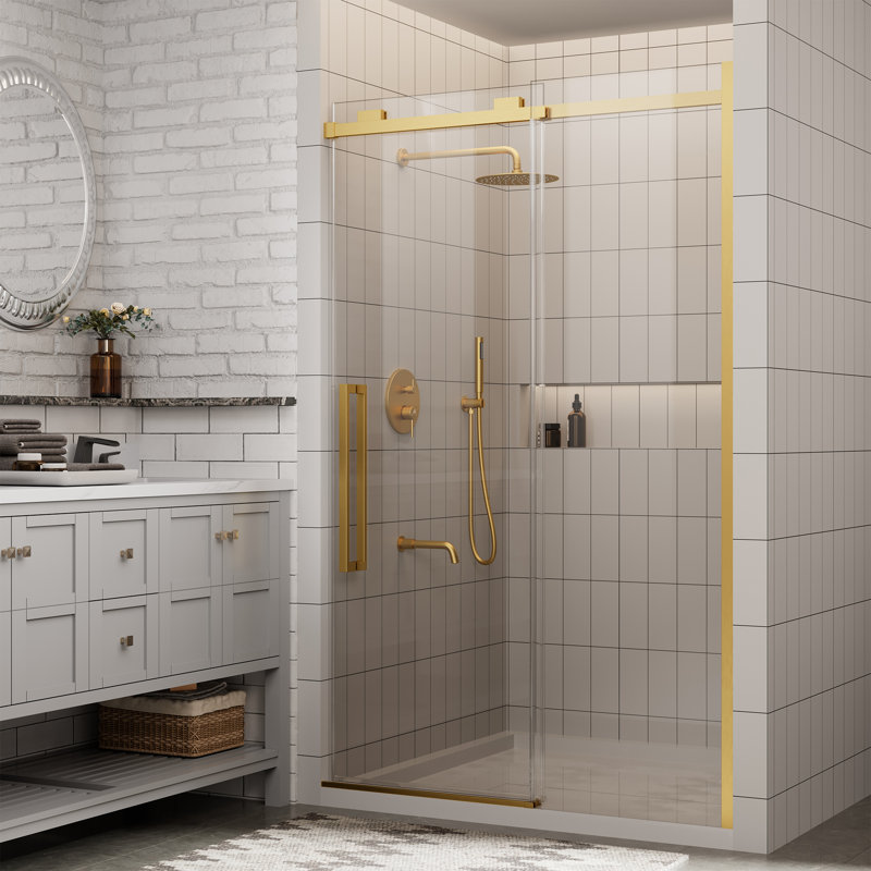 44"-48" W x 76" H Reversible Frameless Single Sliding Shower Door With 3/8"Clear Tempered Glass, Brushed Gold