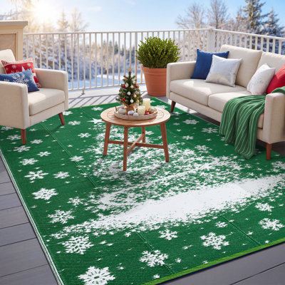 Tapis d'extérieur de Noël, tapis de patio imperméable et réversible – Tapis de camping portatif avec sapin et flocons de neige, idéal pour VR, pique-nique, plage, balcon