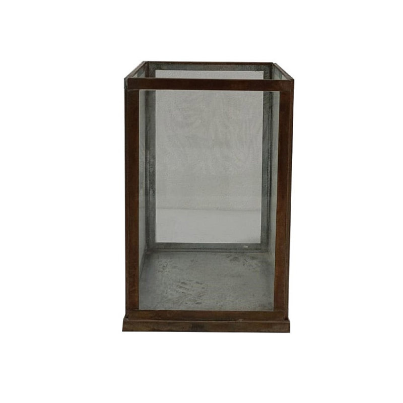 Petit porte-bougie antique en fer et verre, H 9,45 po x l 6,3 po x P 6,3 po