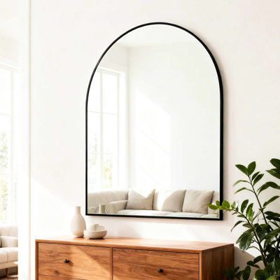 Miroir arqué 30 po x 36 po noir pour la salle de bain - Verre trempé, aluminium rouille, film incassable, miroir mural en métal pour installation simple, cadre, protection, installation à suspension rapide