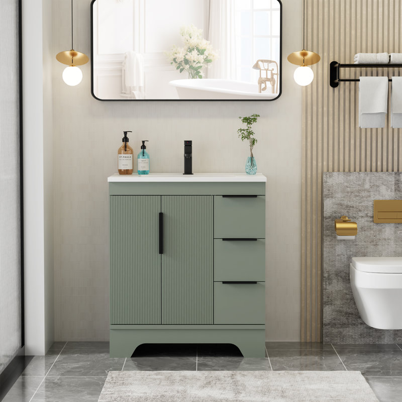 Skeen 30" Mid-century Modern Single Bathroom Vanity Set With Resin Sink Top, Faucet, Assembly Required, 30", Green