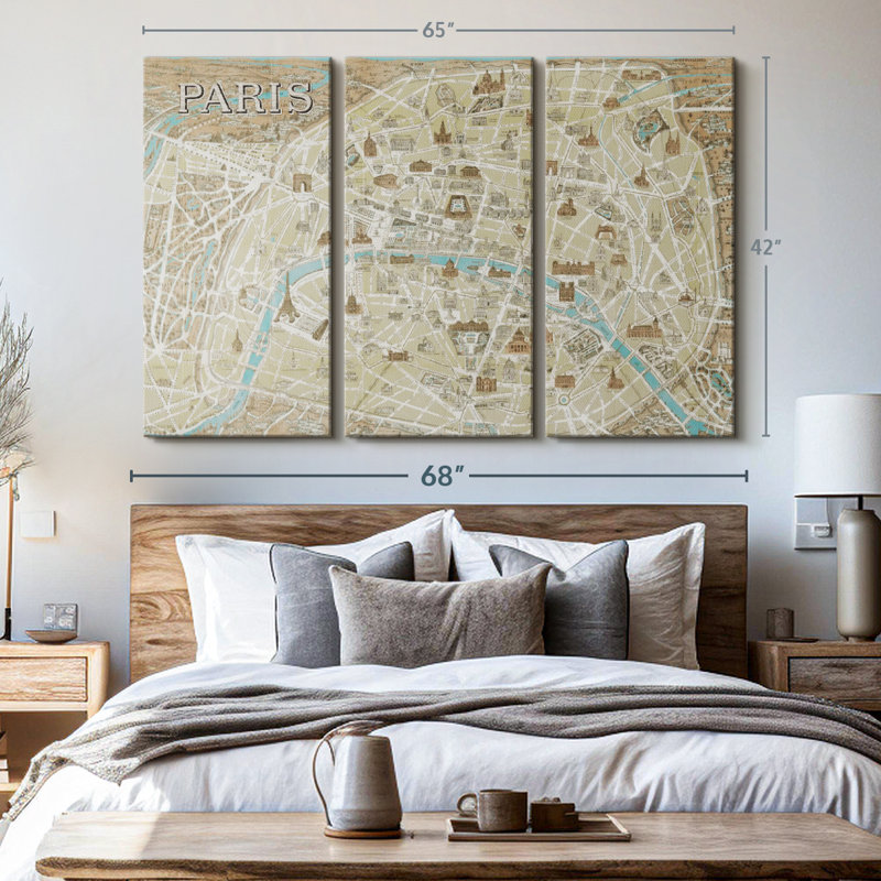 " Monuments Of Paris Map Blue ", 42" H x 65" W x 1.25" D