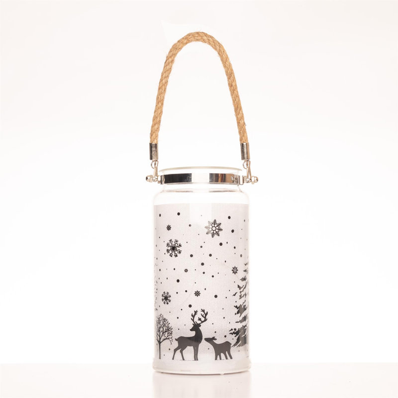 23cm Christmas Decorated Jar Table Winter Woodland Scene Lantern with Warm White LED Lights