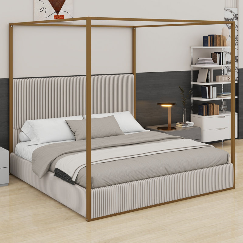 Lit à baldaquin en métal robuste avec tête de lit tapissier haute, King, Gold + Beige