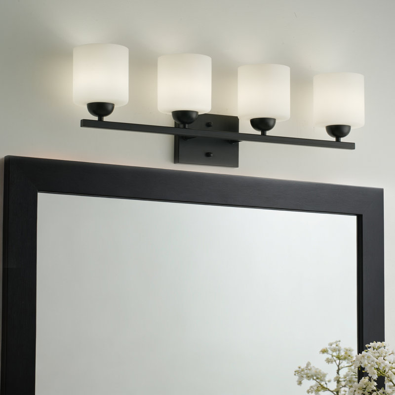 Luminaire de salle de bain 4 lumières avec abat-jour en verre opale, Noir mat, 4