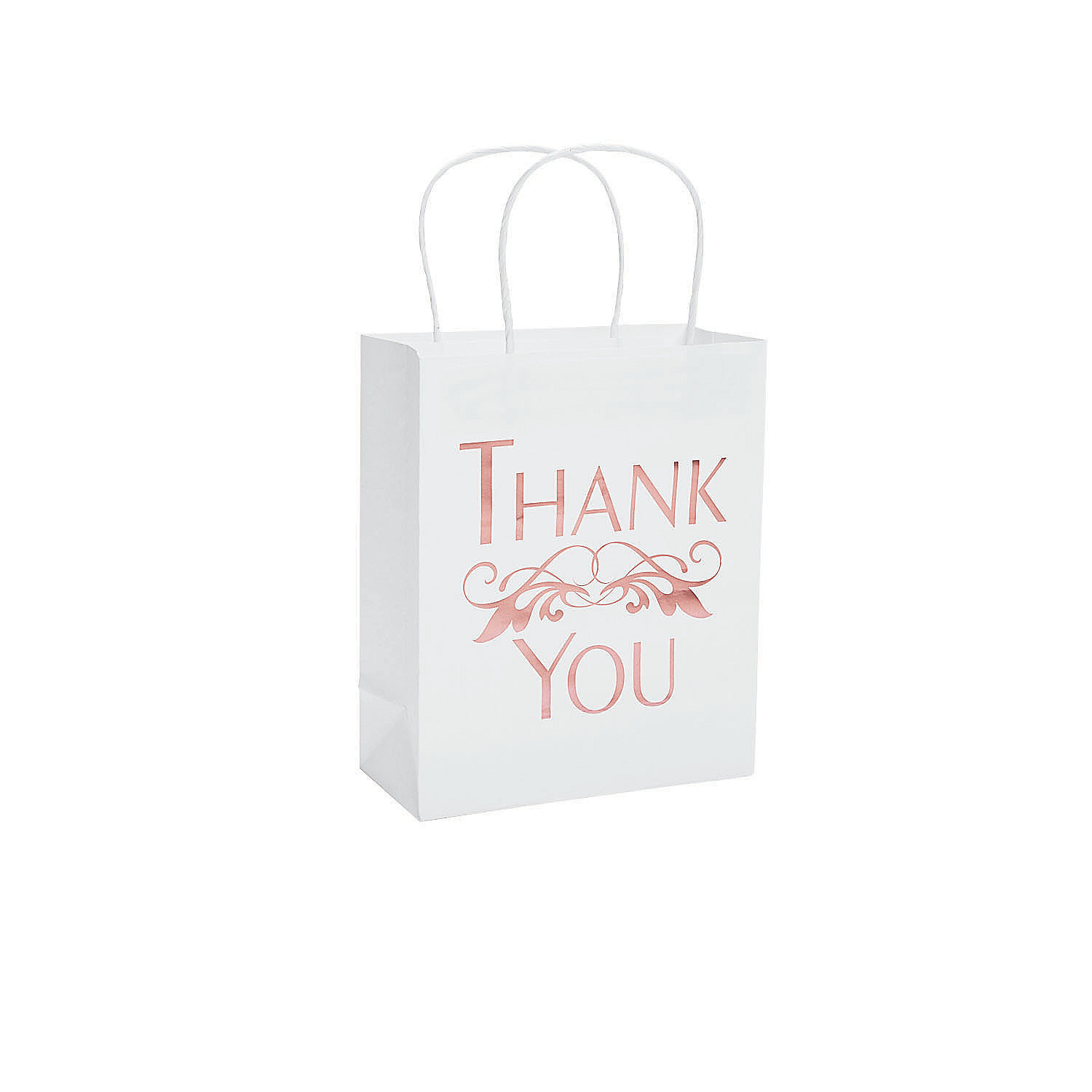 7 1/2 x 9 Medium Welcome White Paper Gift Bags with Rose Gold Foil - 12  Pc.